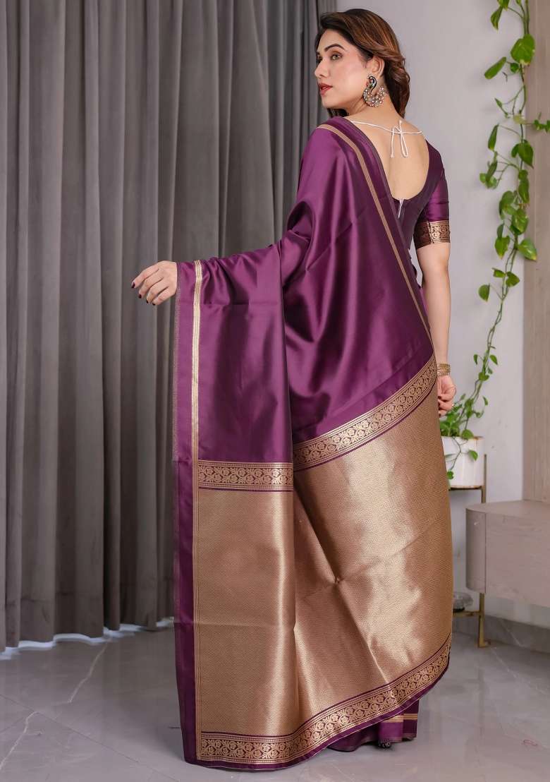 Purple Embroidered Kanjivaram Silk Blend Saree Set - Indya