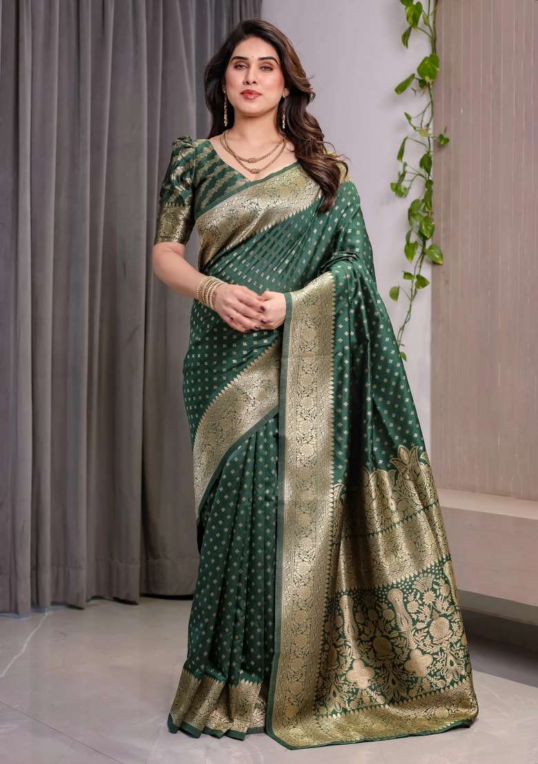 Bottle Green Embroidered Kanjivaram Silk Blend Saree Set - Indya
