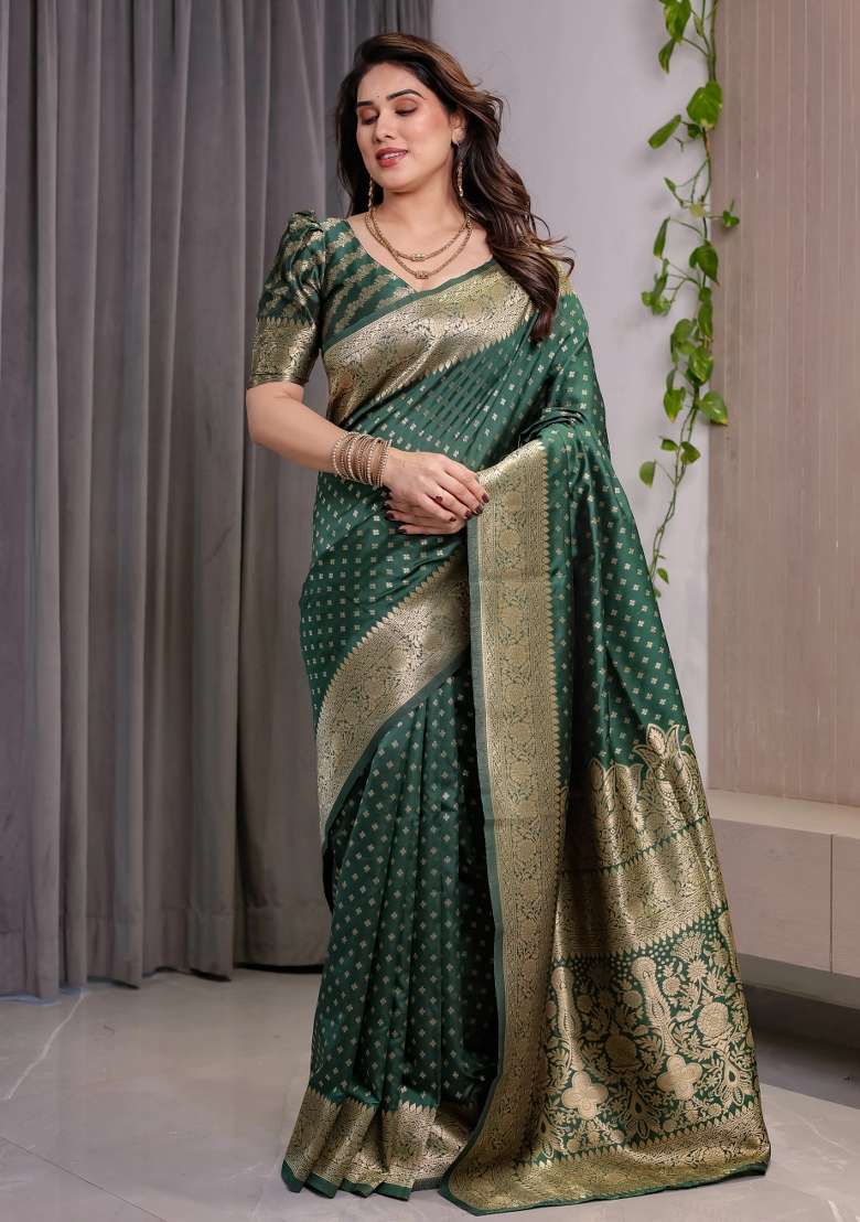 Bottle Green Embroidered Kanjivaram Silk Blend Saree Set - Indya