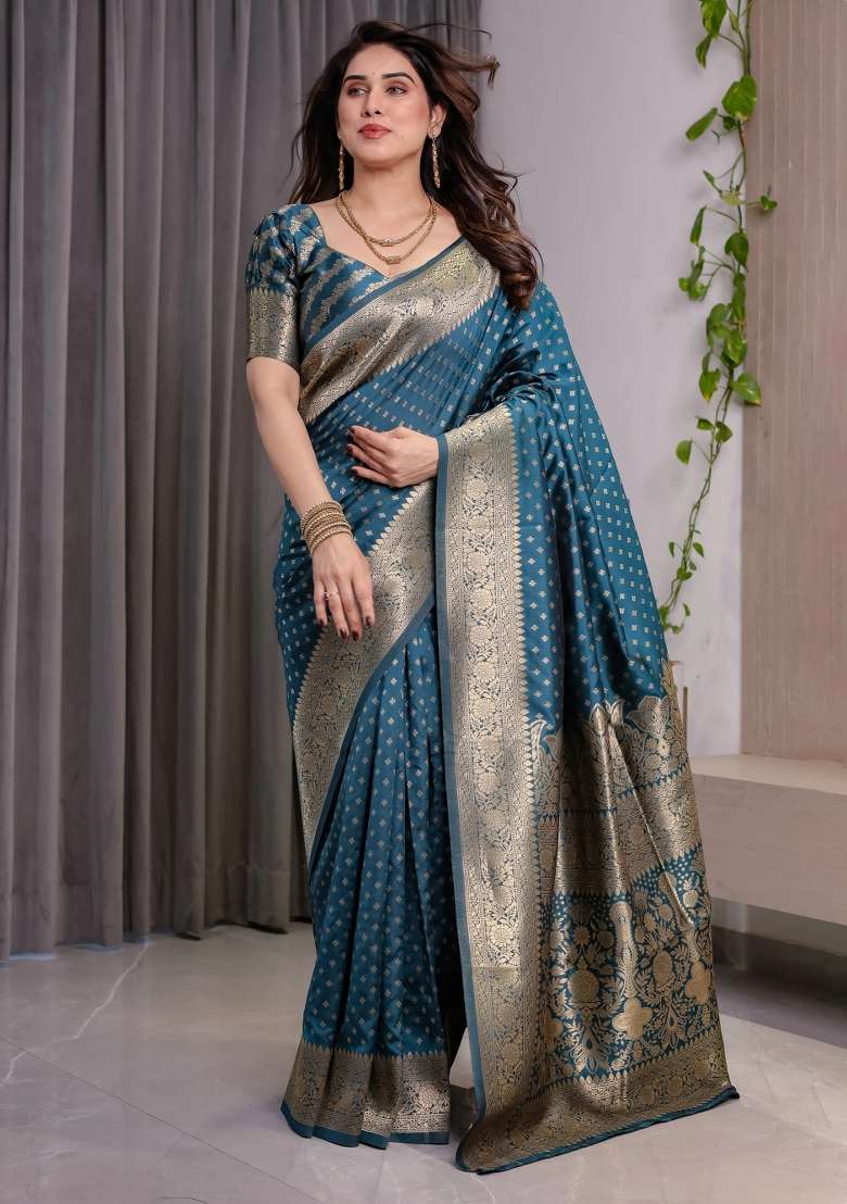 Blue Embroidered Kanjivaram Silk Blend Saree Set - Indya