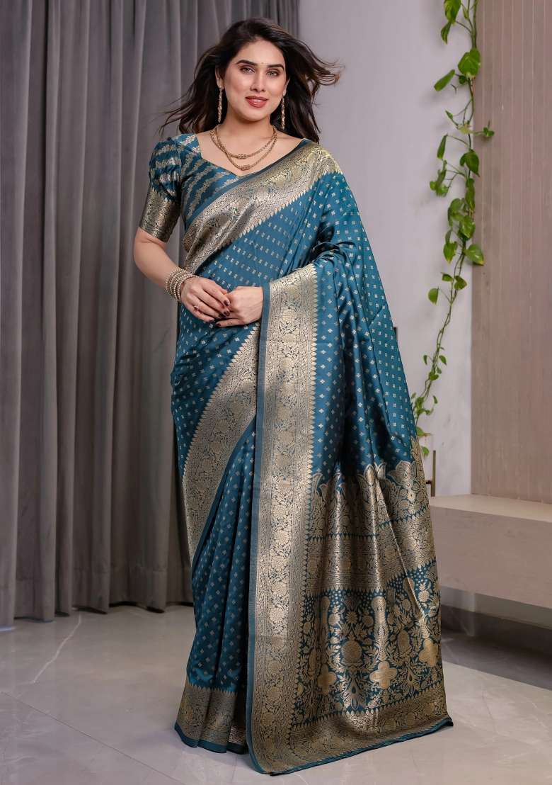 Blue Embroidered Kanjivaram Silk Blend Saree Set - Indya