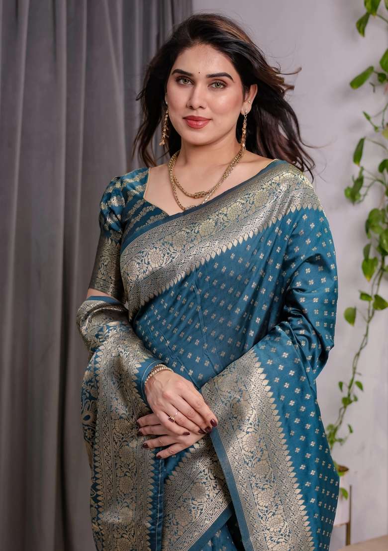 Blue Embroidered Kanjivaram Silk Blend Saree Set - Indya