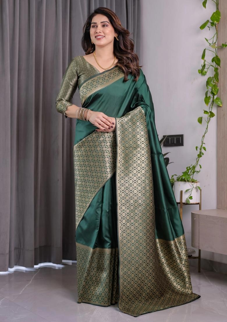 Bottle Green Embroidered Kanjivaram Silk Saree Set - Indya