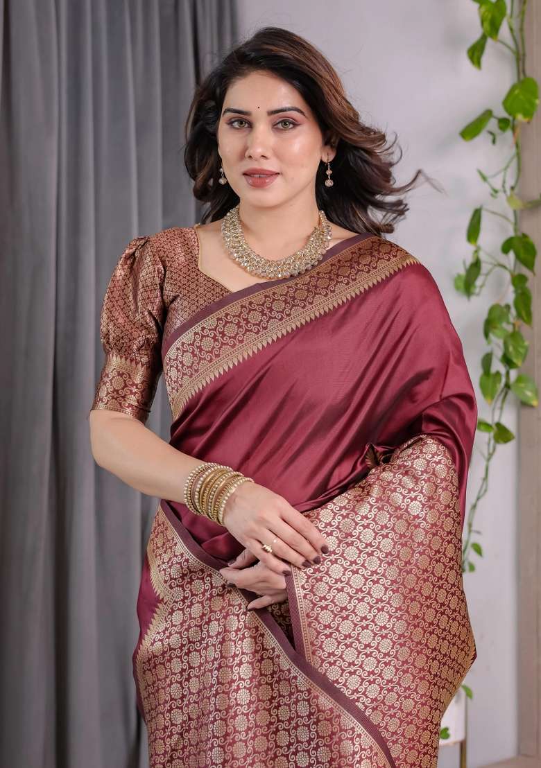 Brown Embroidered Kanjivaram Silk Blend Saree Set - Indya