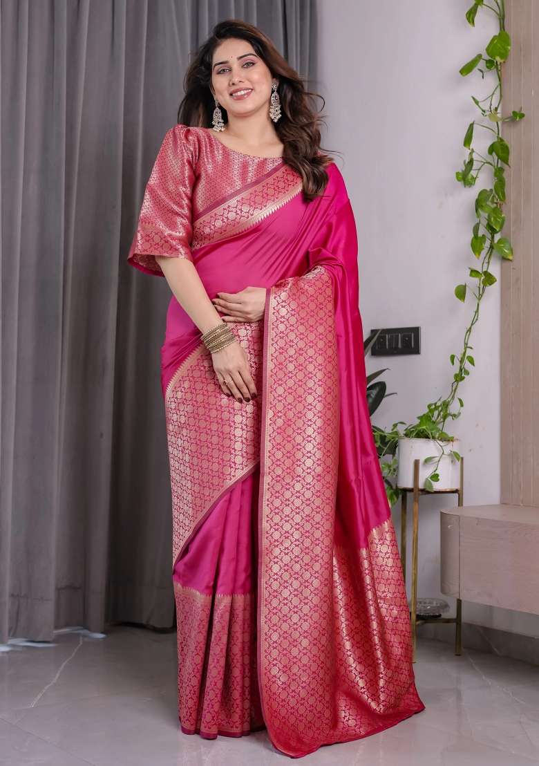 Pink Embroidered Kanjivaram Silk Blend Saree Set - Indya