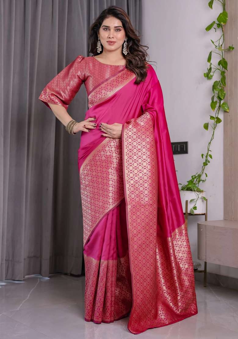 Pink Embroidered Kanjivaram Silk Blend Saree Set - Indya