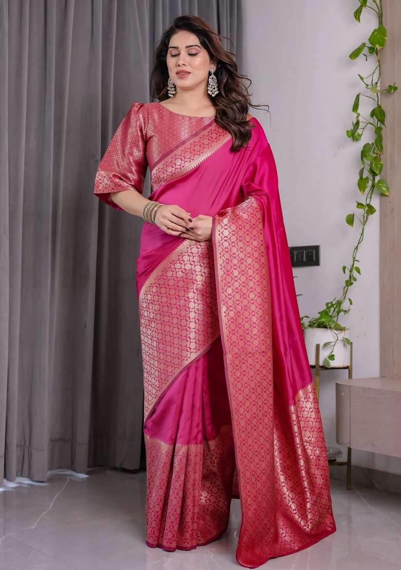 Pink Embroidered Kanjivaram Silk Blend Saree Set - Indya