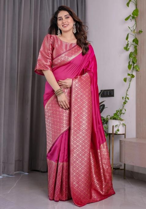 Pink Embroidered Kanjivaram Silk Saree Set