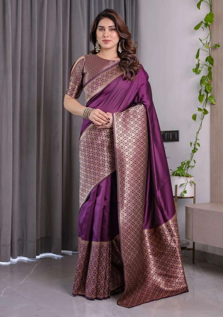 Purple Embroidered Kanjivaram Silk Blend Saree Set - Indya