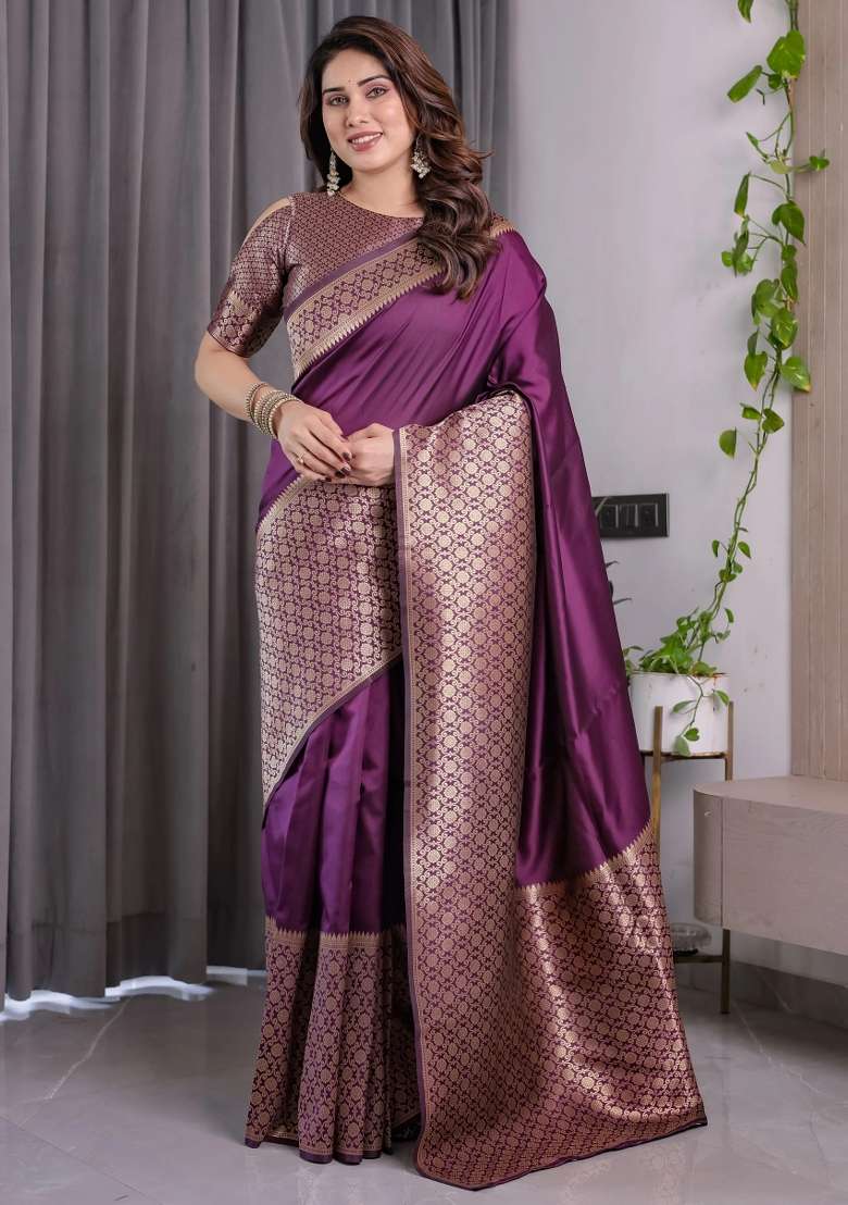 Purple Embroidered Kanjivaram Silk Blend Saree Set - Indya
