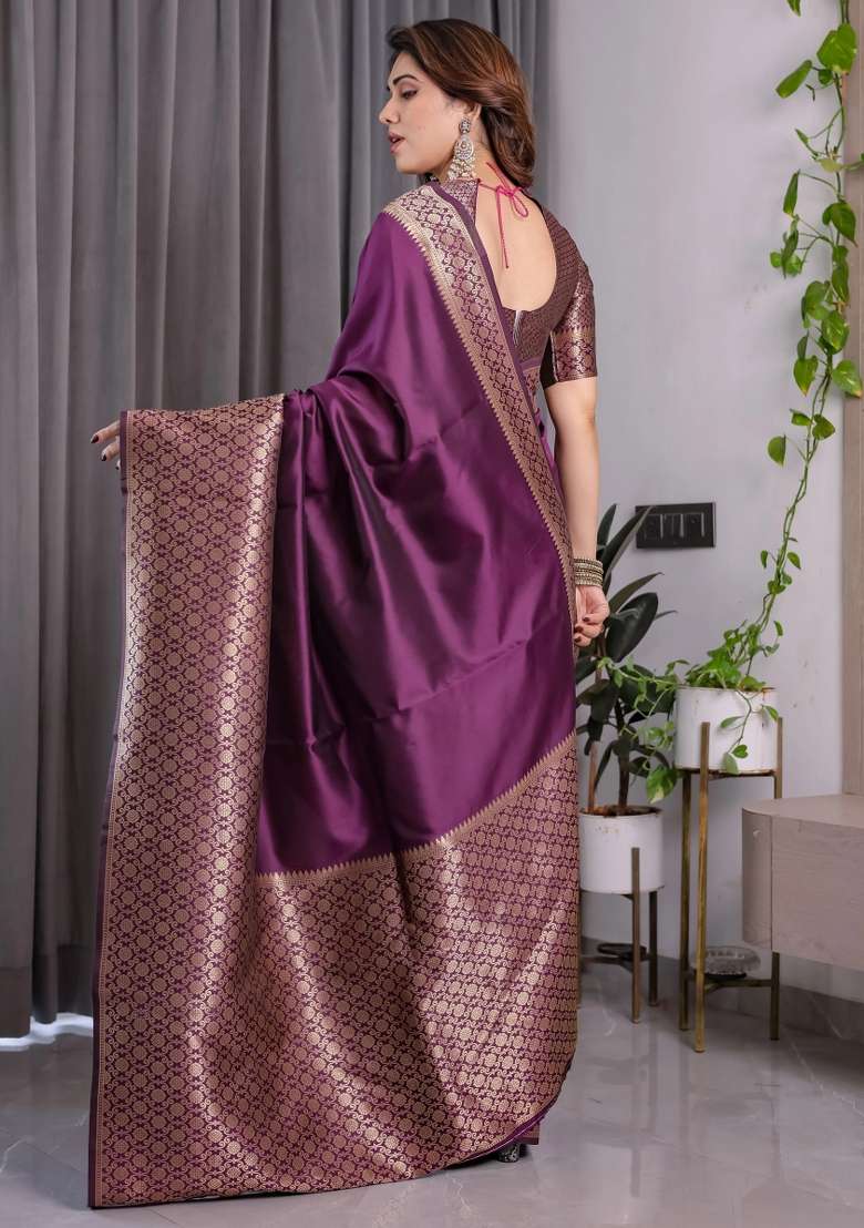Purple Embroidered Kanjivaram Silk Blend Saree Set - Indya