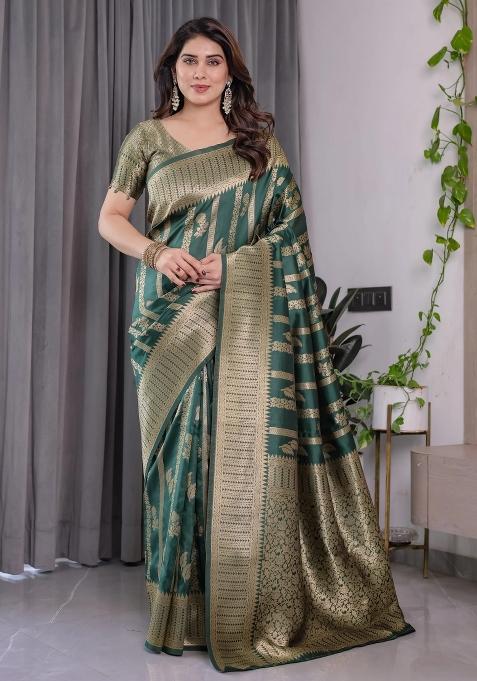 Green Embroidered Kanjivaram Silk Saree Set