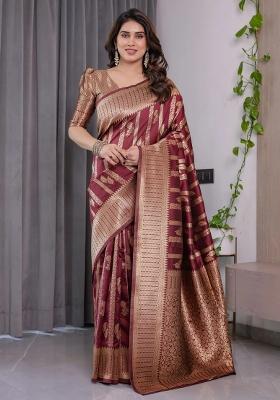 Maroon Embroidered Kanjivaram Silk Saree Set