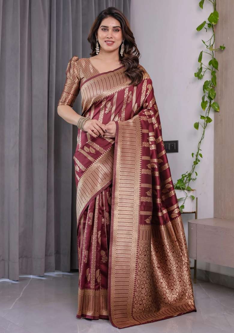 Maroon Embroidered Kanjivaram Silk Blend Saree Set - Indya