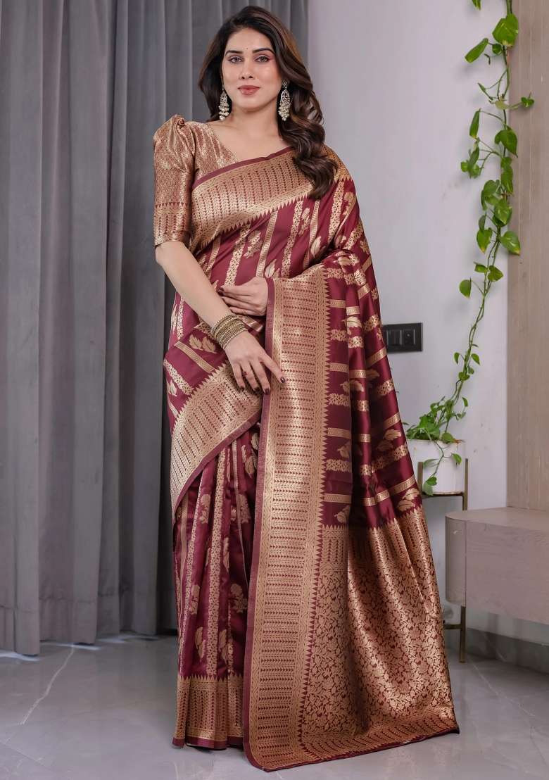 Maroon Embroidered Kanjivaram Silk Blend Saree Set - Indya
