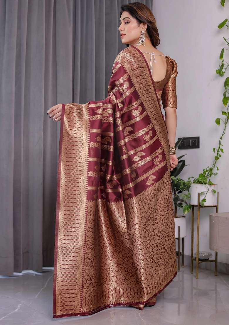 Maroon Embroidered Kanjivaram Silk Blend Saree Set - Indya