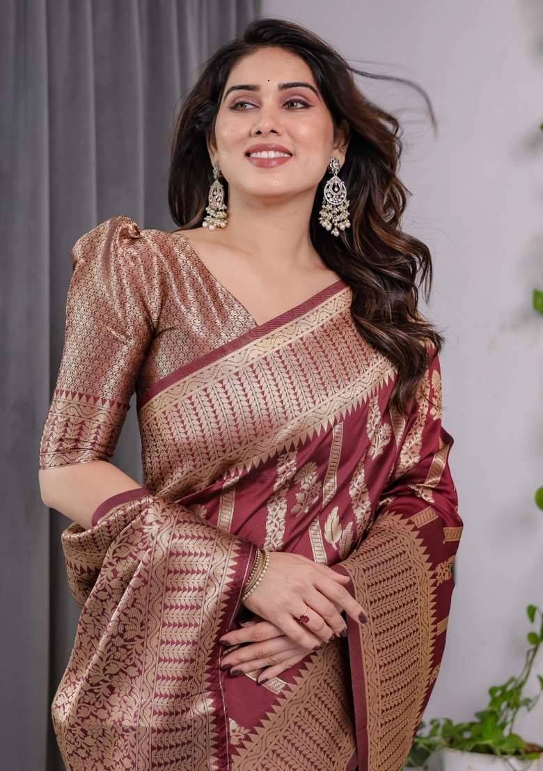 Maroon Embroidered Kanjivaram Silk Blend Saree Set - Indya