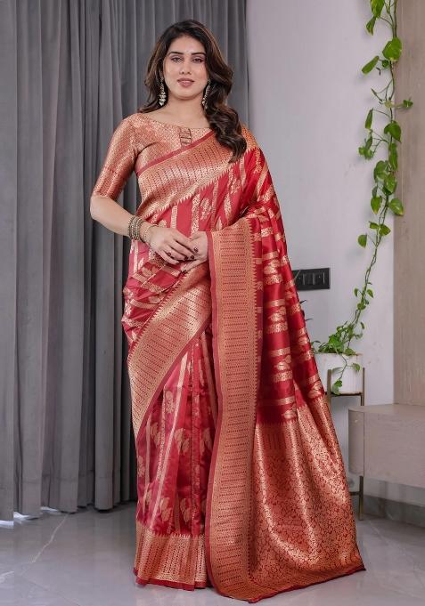 Red Embroidered Kanjivaram Silk Saree Set