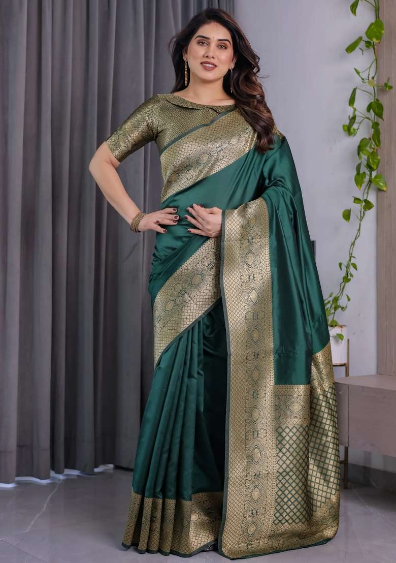 Green Embroidered Kanjivaram Silk Blend Saree Set - Indya