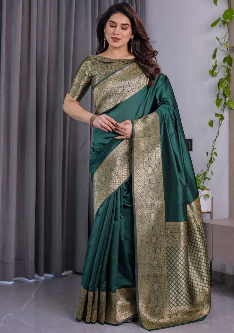 Green Embroidered Kanjivaram Silk Blend Saree Set - Indya