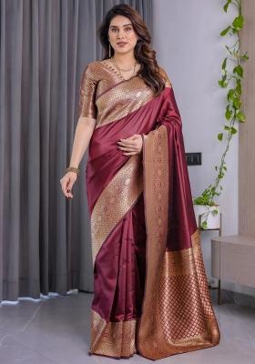 Maroon Embroidered Kanjivaram Silk Saree Set