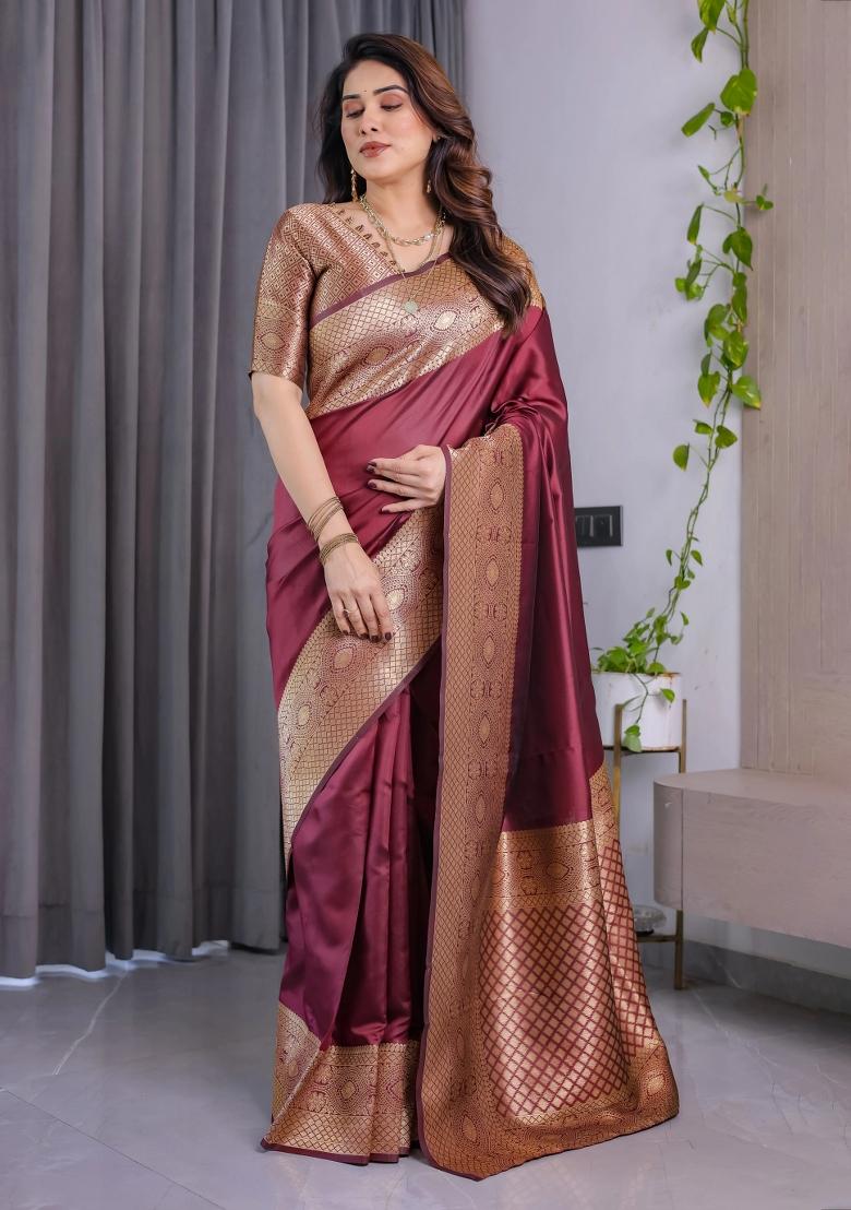 Maroon Embroidered Kanjivaram Silk Saree Set - Indya