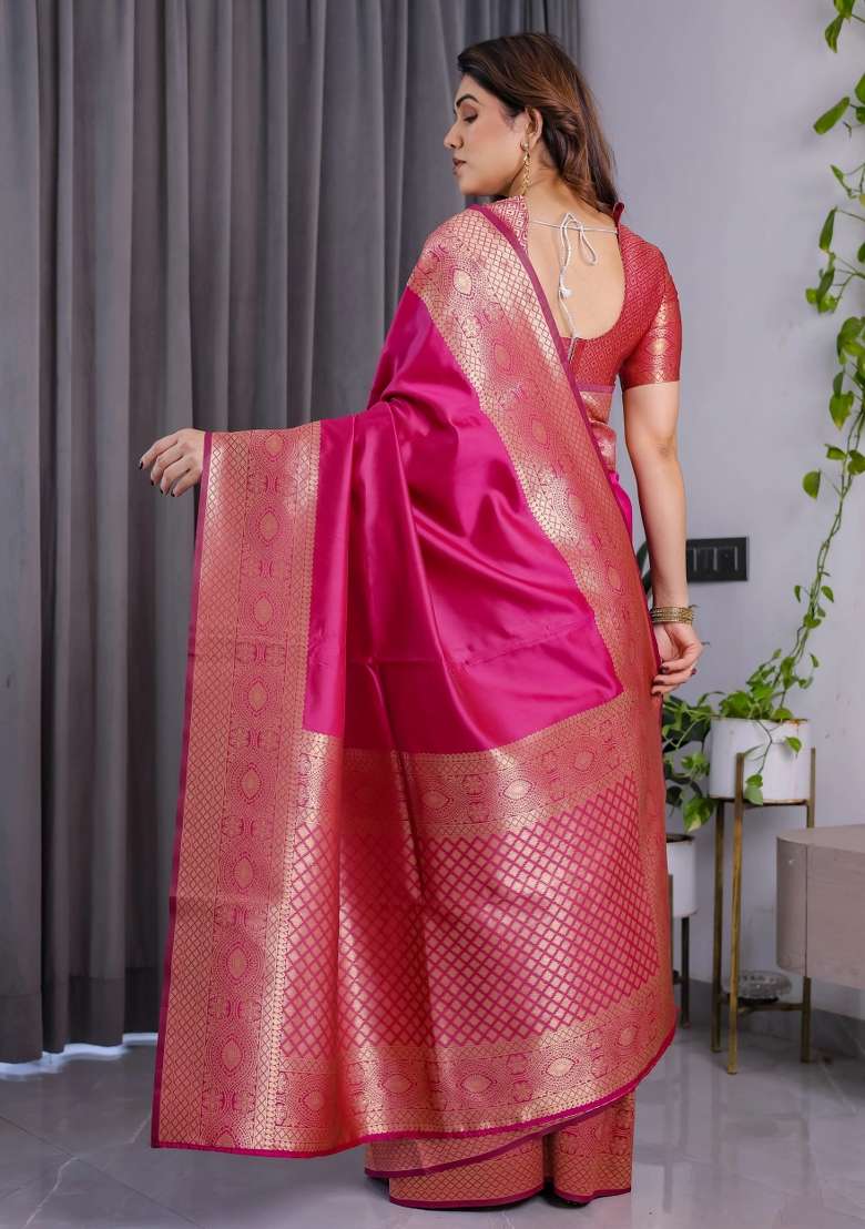 Pink Embroidered Kanjivaram Silk Blend Saree Set - Indya