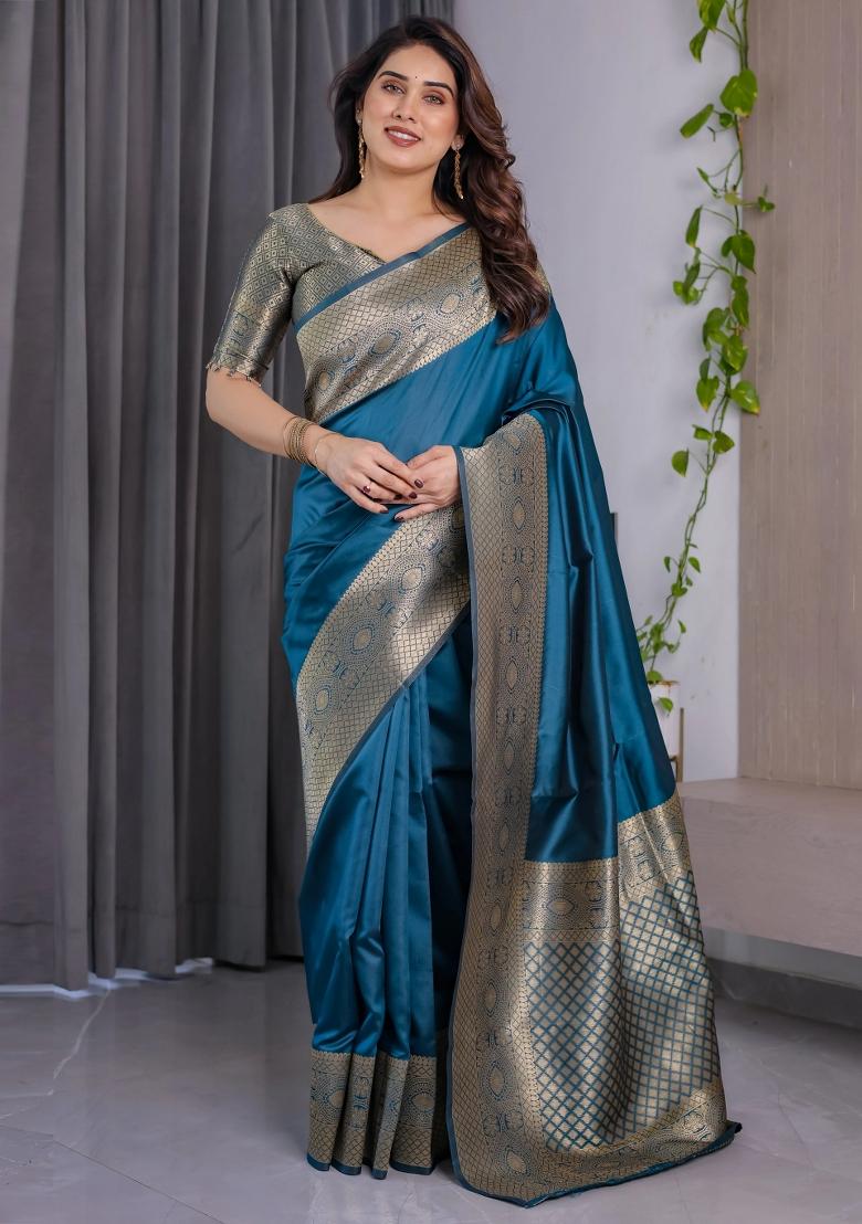 Blue Embroidered Kanjivaram Silk Saree Set - Indya