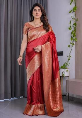 Red Embroidered Kanjivaram Silk Saree Set