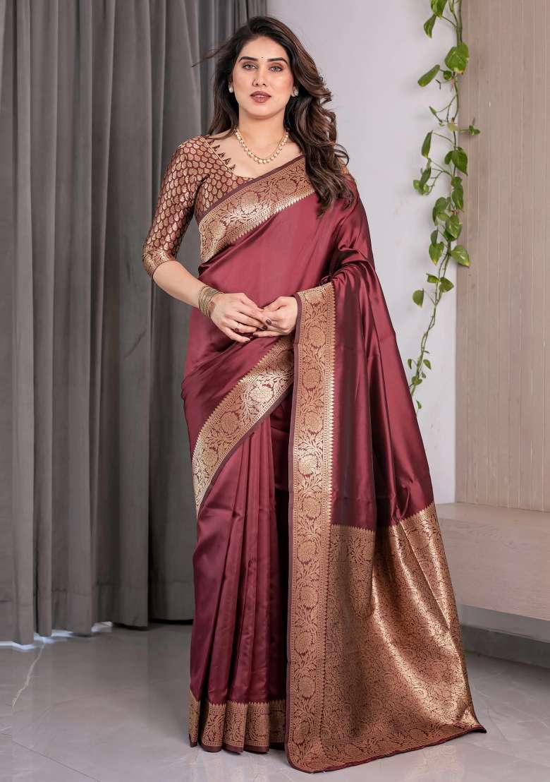 Maroon Embroidered Kanjivaram Silk Blend Saree Set - Indya