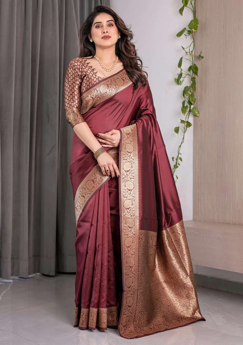 Maroon Embroidered Kanjivaram Silk Blend Saree Set - Indya