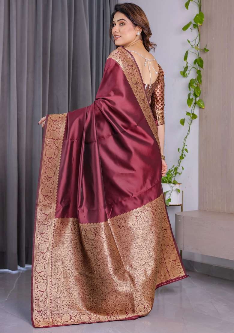 Maroon Embroidered Kanjivaram Silk Blend Saree Set - Indya