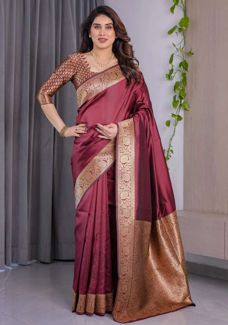 Maroon Embroidered Kanjivaram Silk Blend Saree Set - Indya
