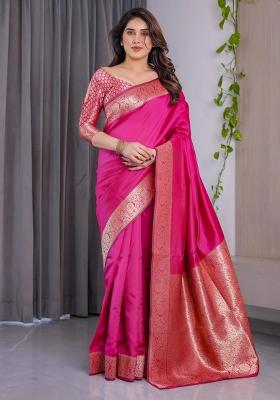 Pink Embroidered Kanjivaram Silk Saree Set