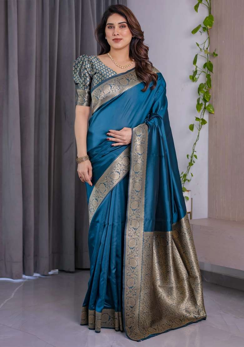 Blue Embroidered Kanjivaram Silk Blend Saree Set - Indya