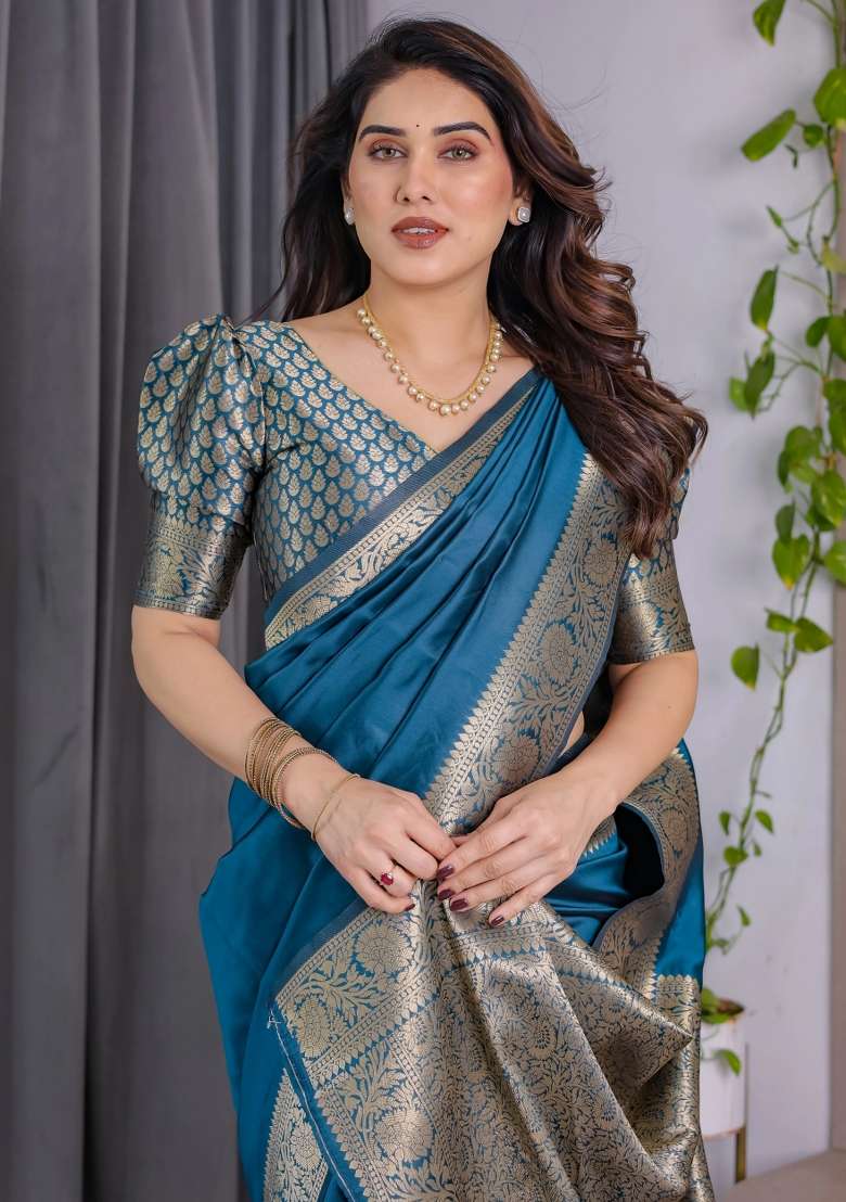 Blue Embroidered Kanjivaram Silk Blend Saree Set - Indya