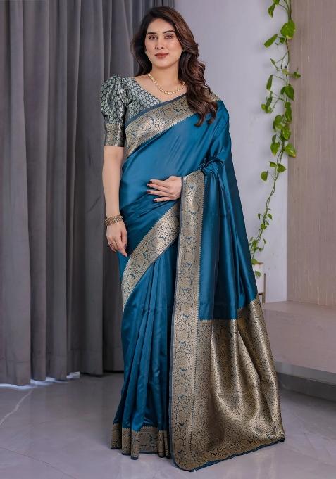 Blue Embroidered Kanjivaram Silk Saree Set