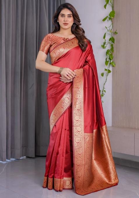 Red Embroidered Kanjivaram Silk Saree Set