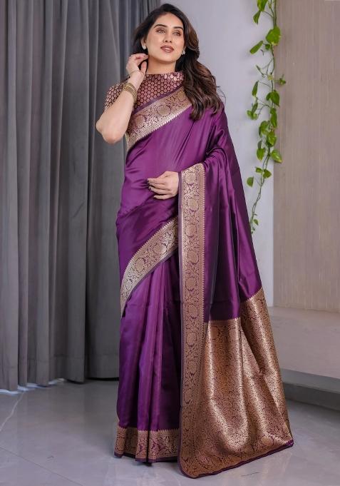 Violet Embroidered Kanjivaram Silk Saree Set