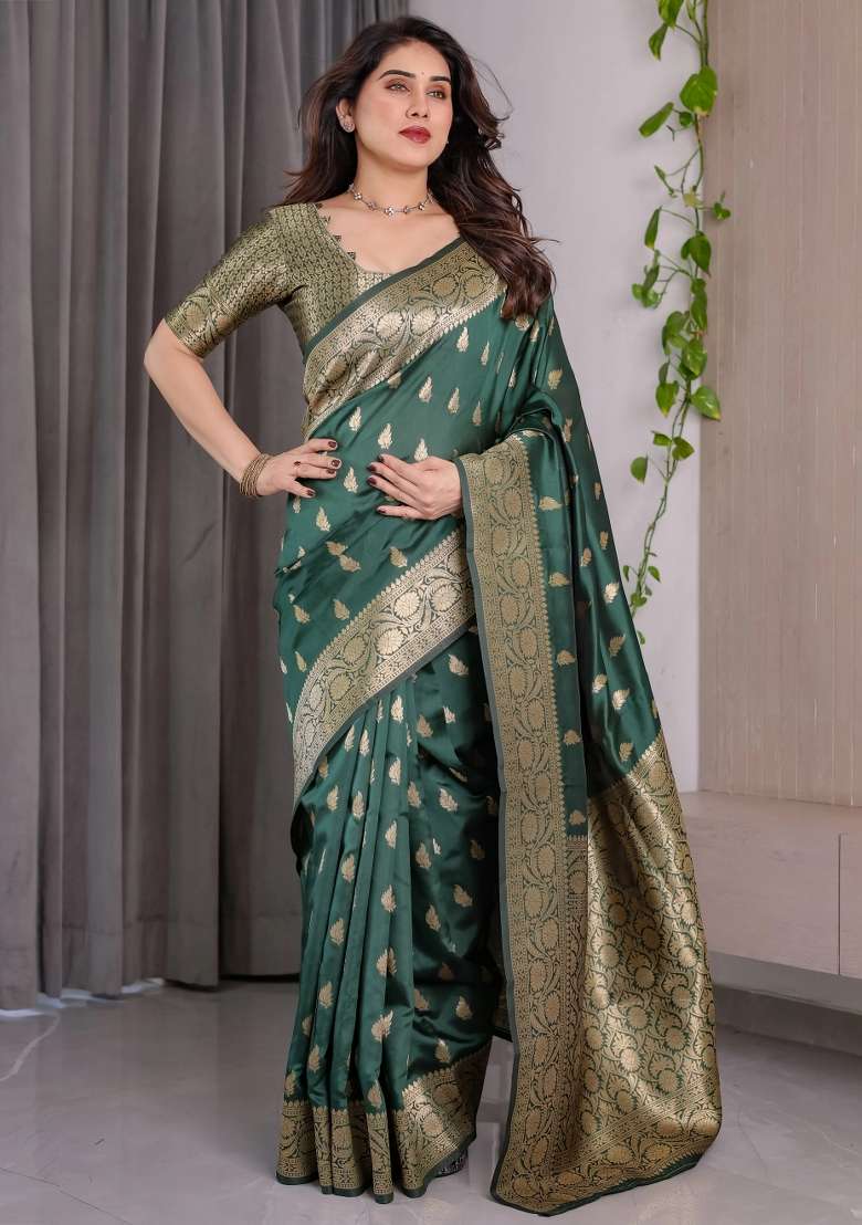 Green Embroidered Kanjivaram Silk Blend Saree Set - Indya