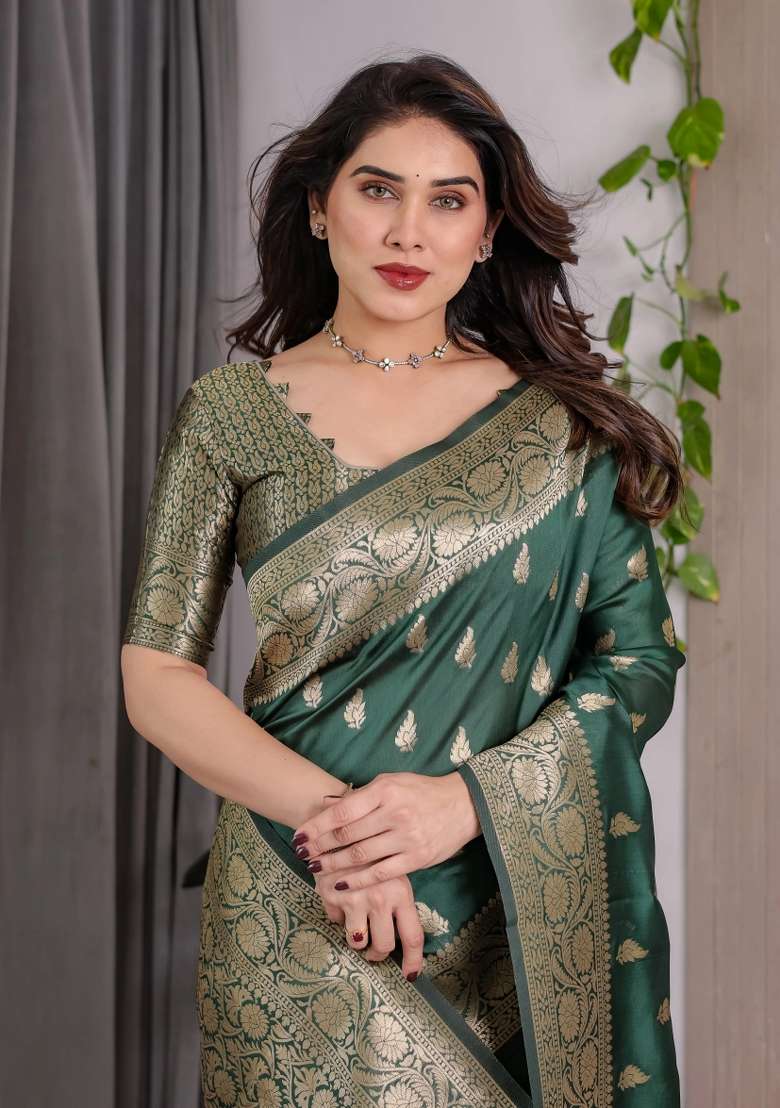 Green Embroidered Kanjivaram Silk Blend Saree Set - Indya