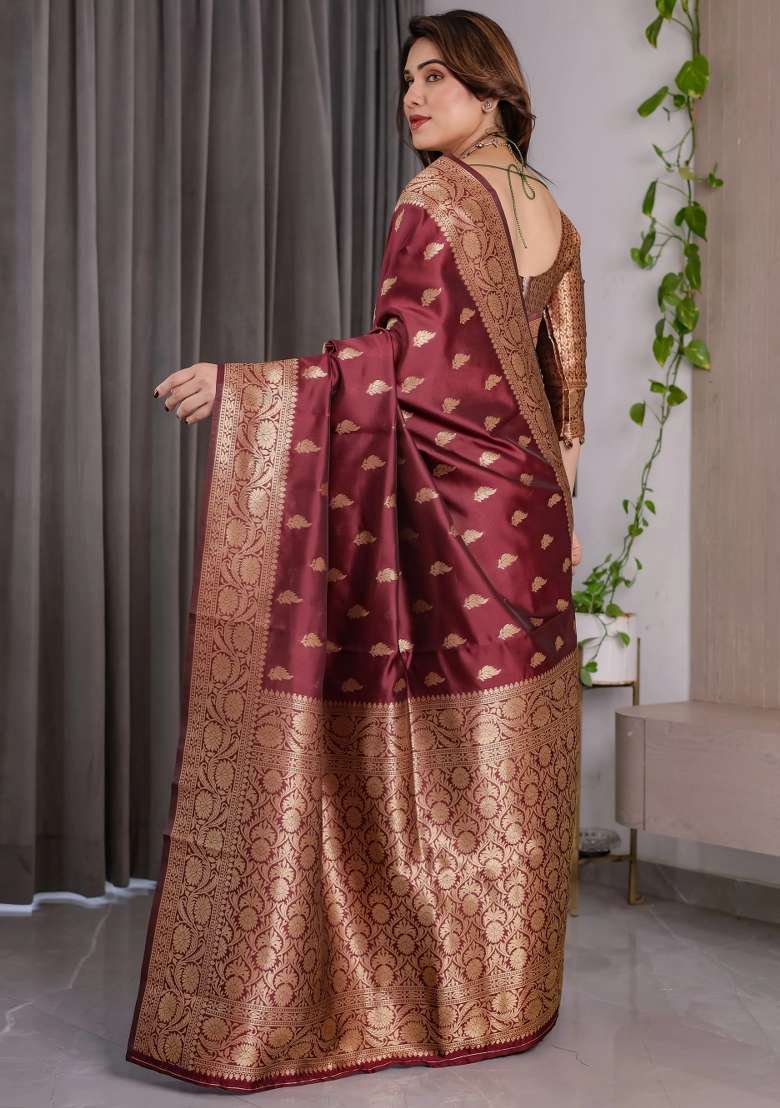 Maroon Embroidered Kanjivaram Silk Blend Saree Set - Indya