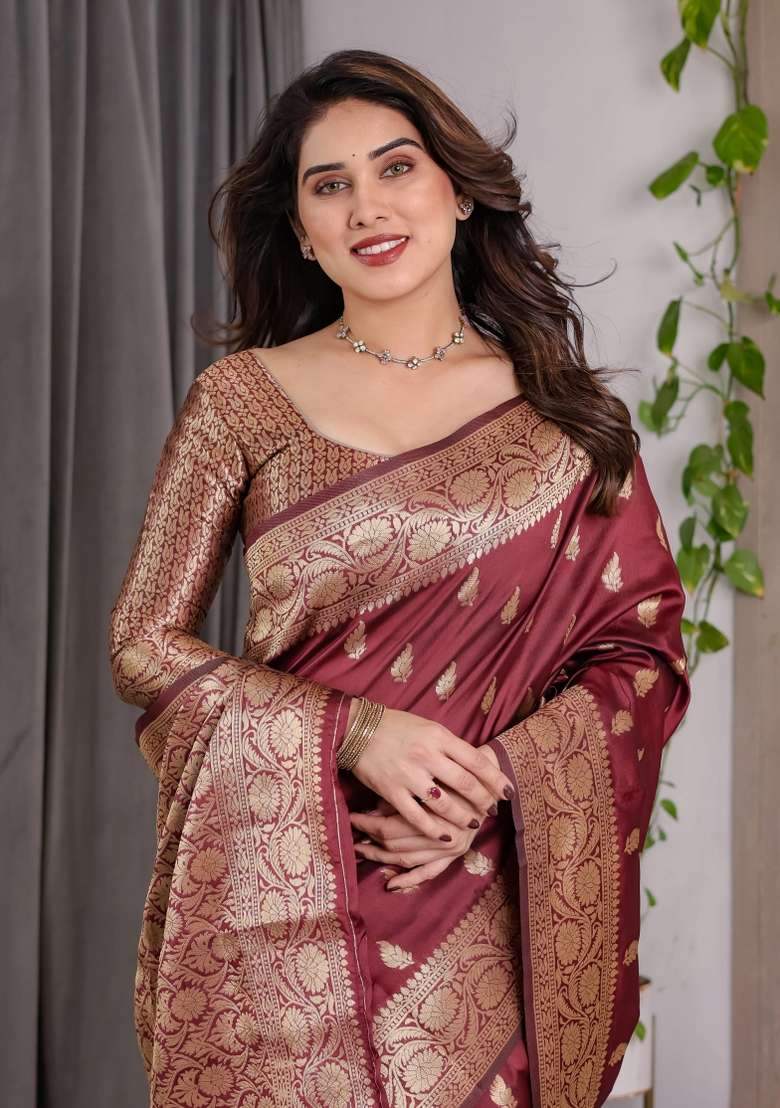 Maroon Embroidered Kanjivaram Silk Blend Saree Set - Indya