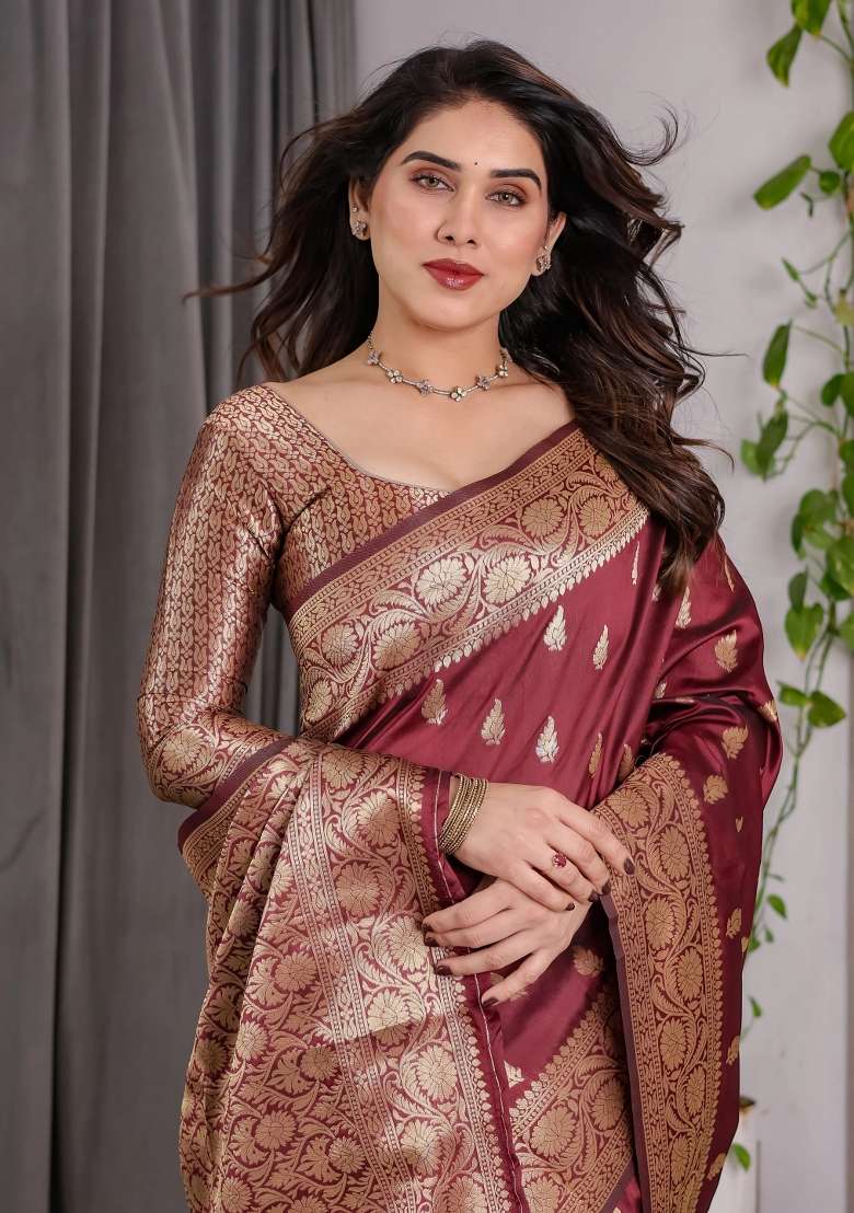 Maroon Embroidered Kanjivaram Silk Blend Saree Set - Indya