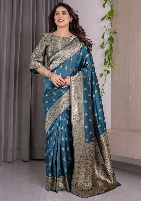 Blue Embroidered Kanjivaram Silk Saree Set