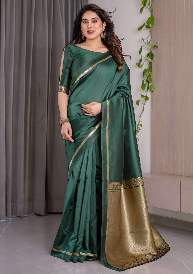Green Embroidered Kanjivaram Silk Blend Saree Set - Indya