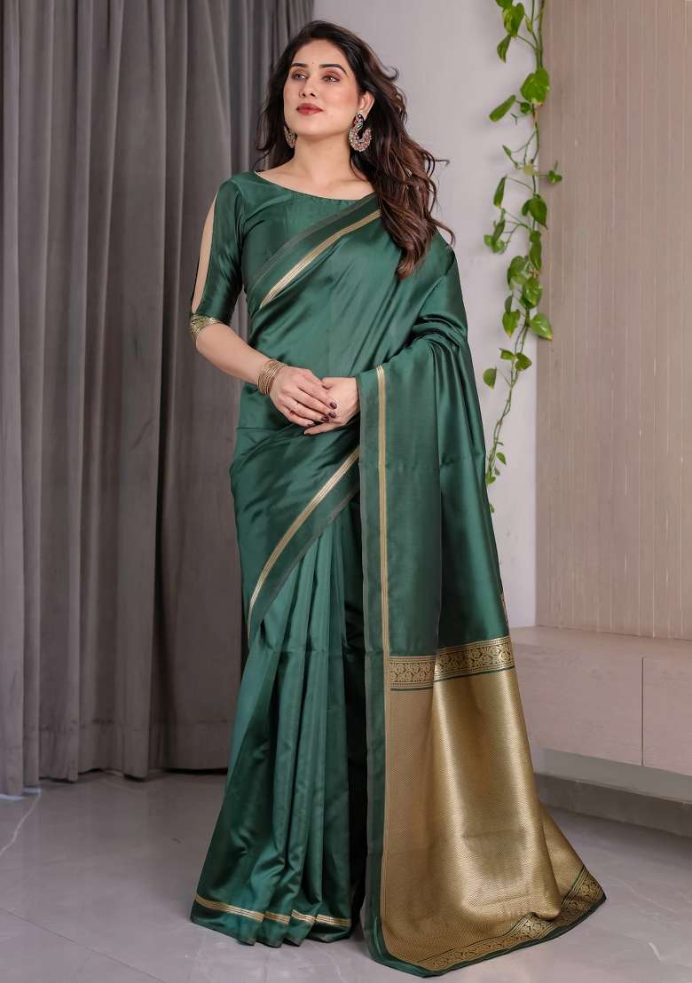 Green Embroidered Kanjivaram Silk Blend Saree Set - Indya