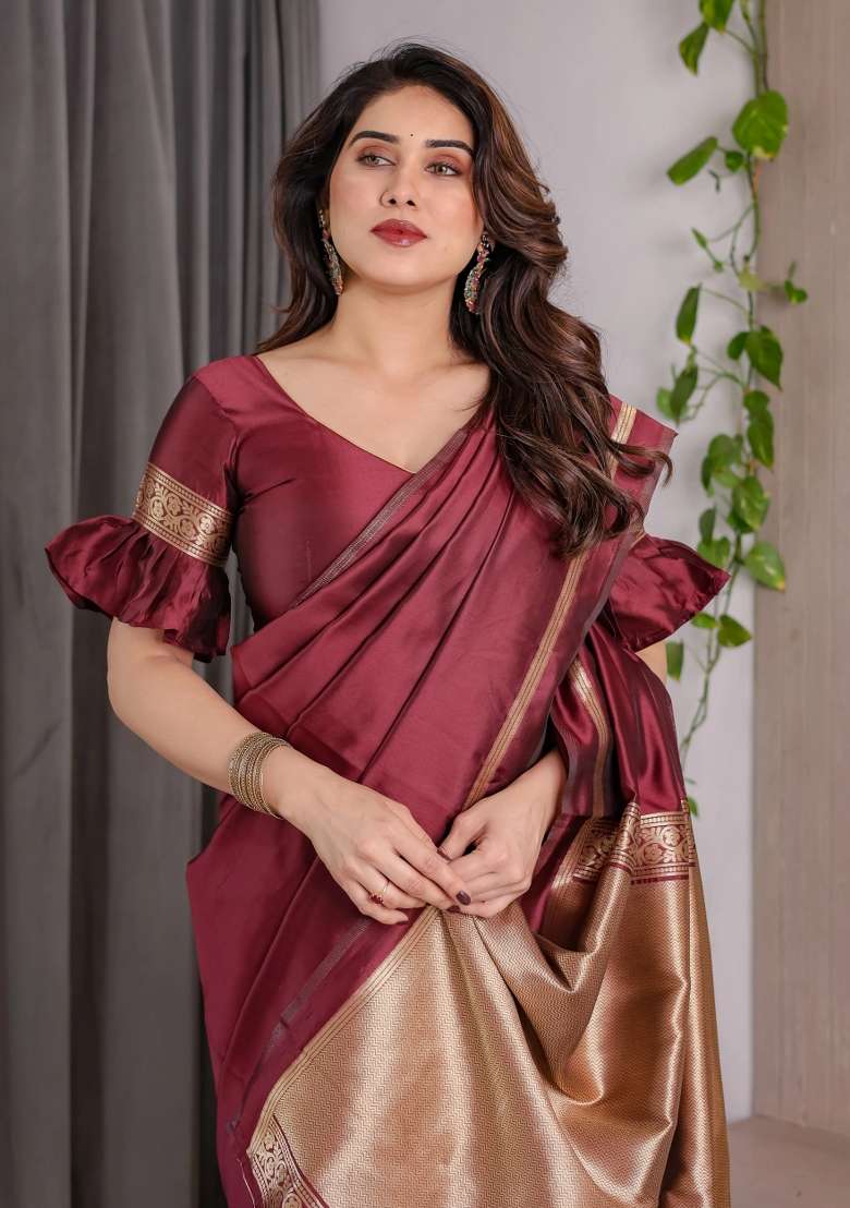 Maroon Embroidered Kanjivaram Silk Blend Saree Set - Indya