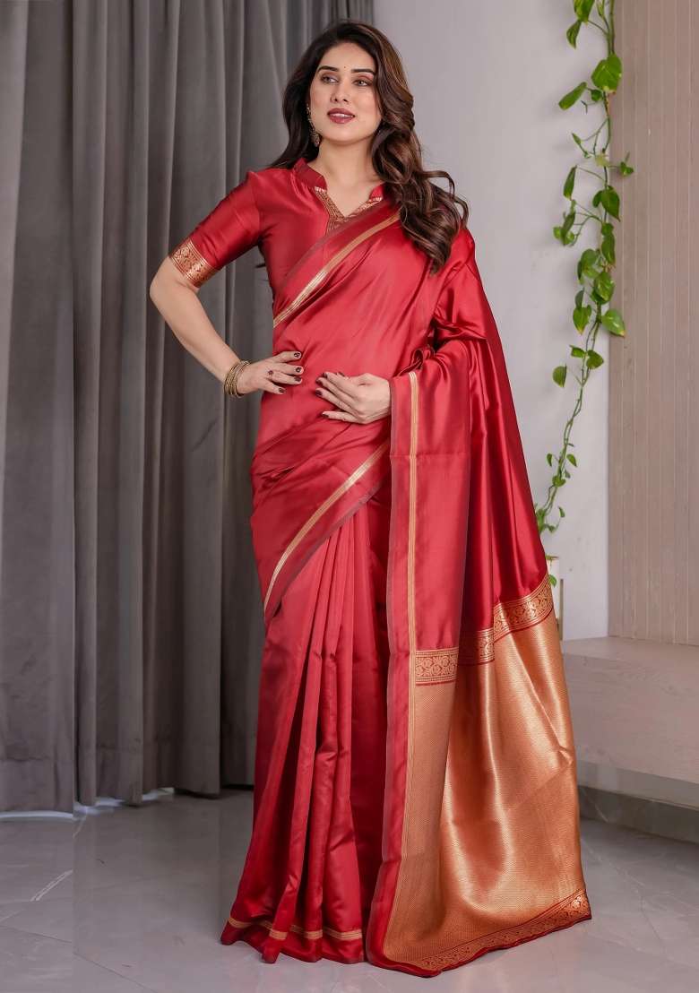Red Embroidered Kanjivaram Silk Blend Saree Set - Indya