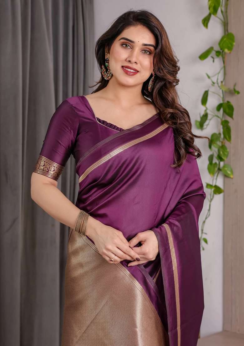 Purple Embroidered Kanjivaram Silk Blend Saree Set - Indya